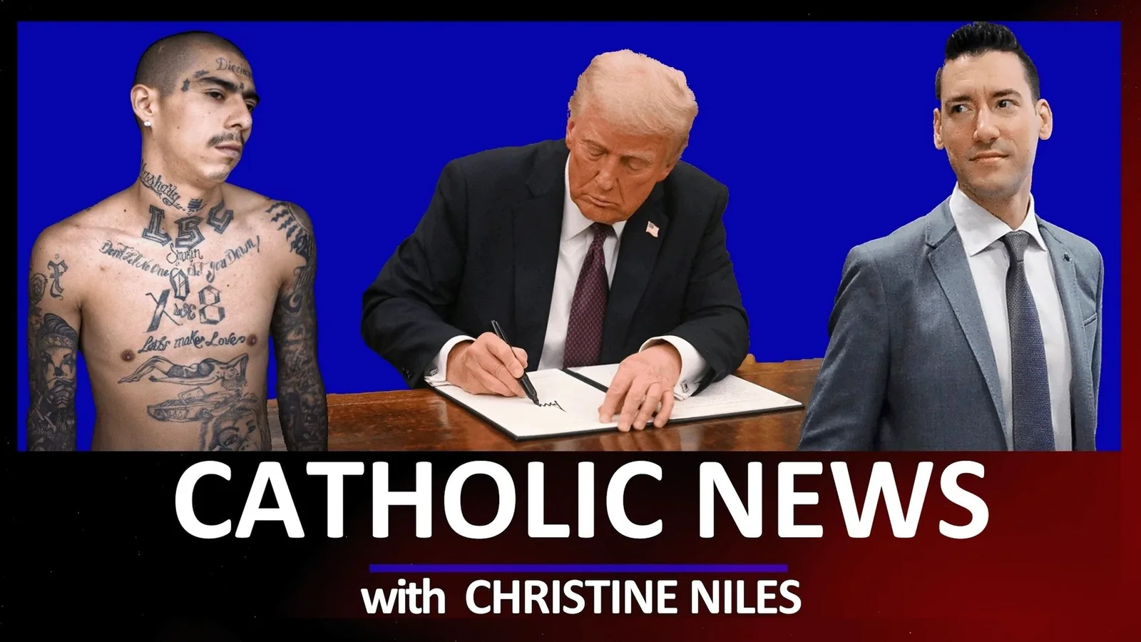 The photo includes an MS-13 gang member, President Trump signing an executive order, and pro-life whistleblower David Daleiden